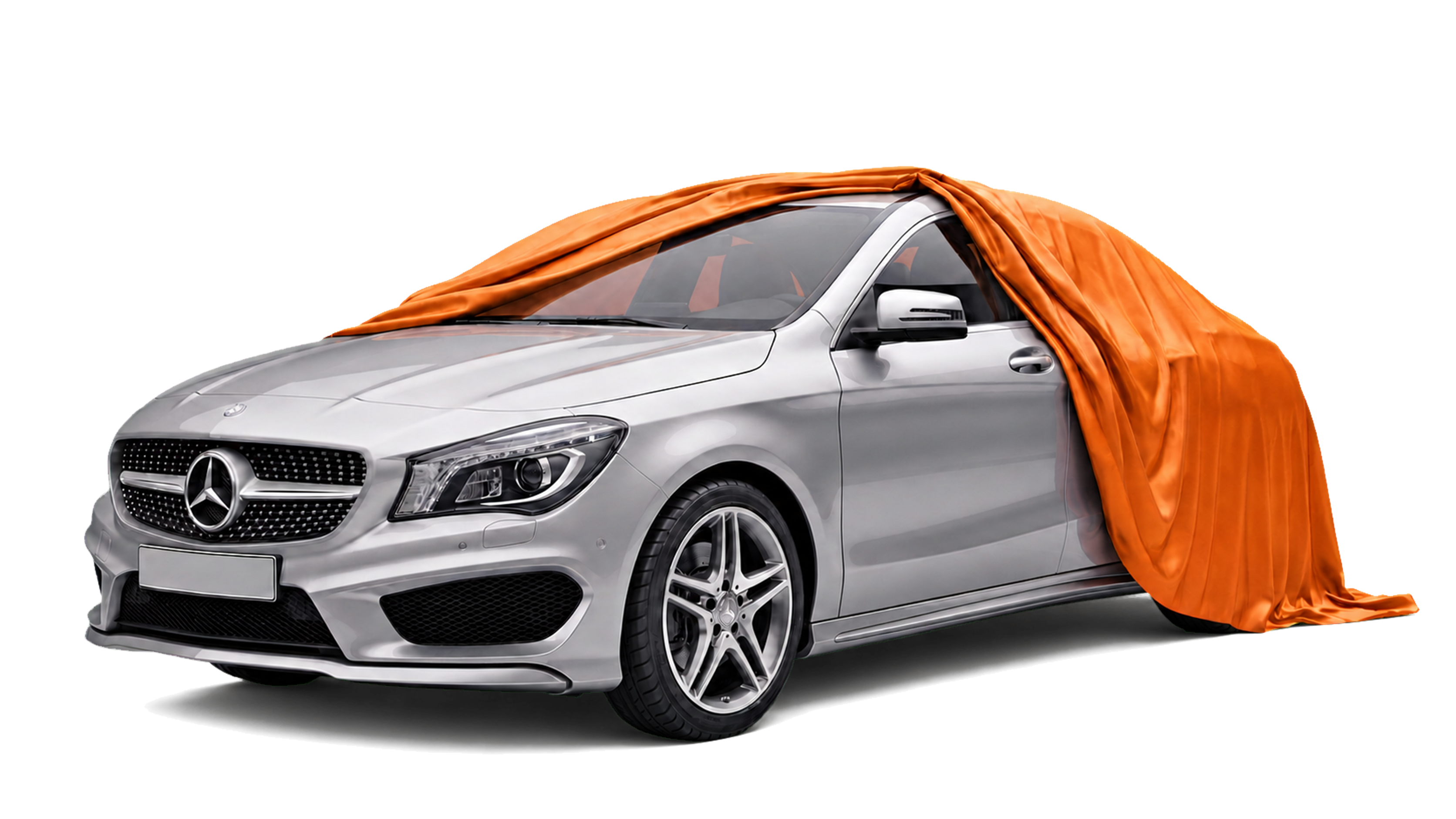 Freigestellter Mercedes CLA unter einem orangefarbenen Enthüllungstuch
