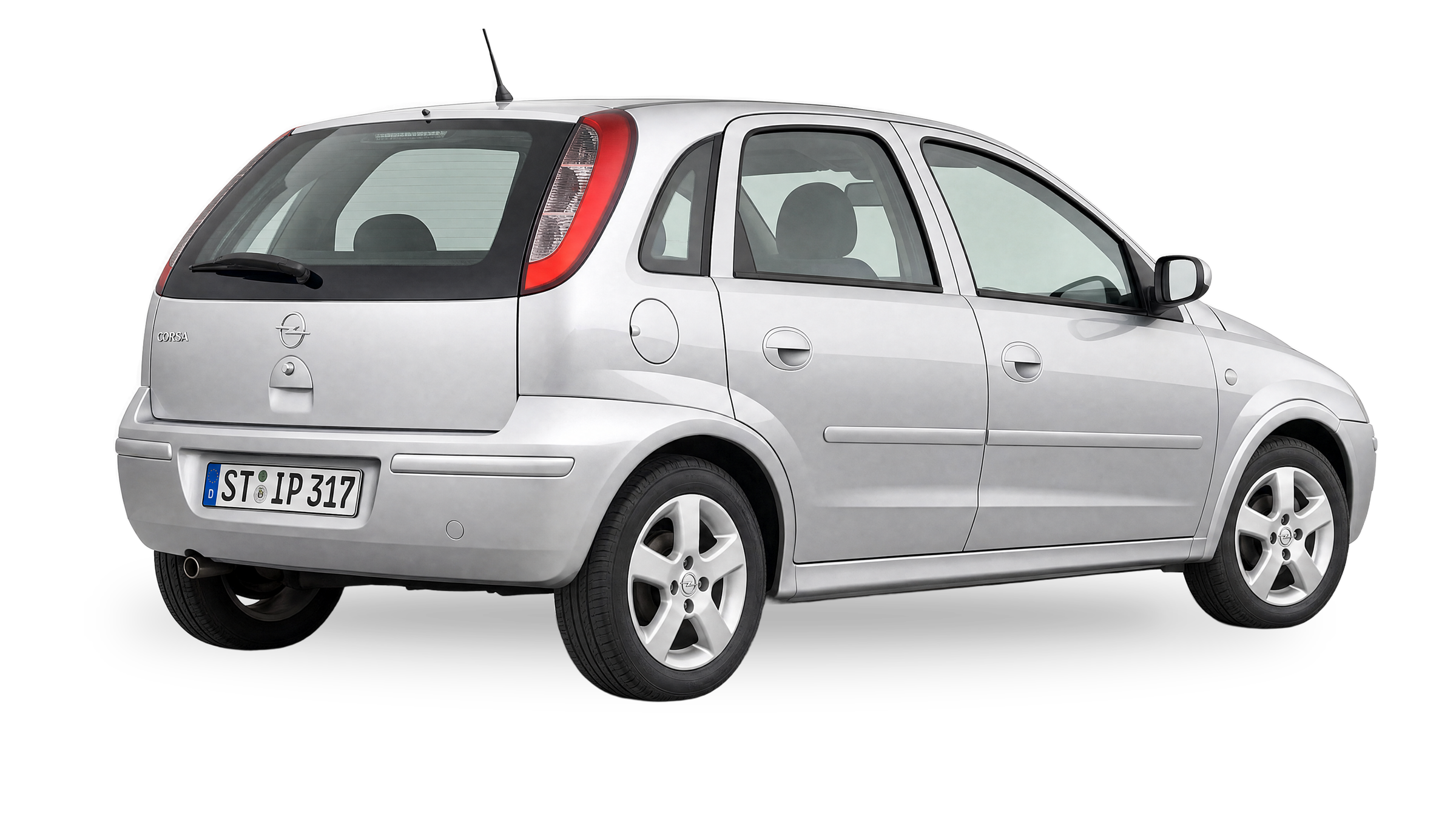 Freigestellter silberner Opel Corsa C in schräger Rückansicht
